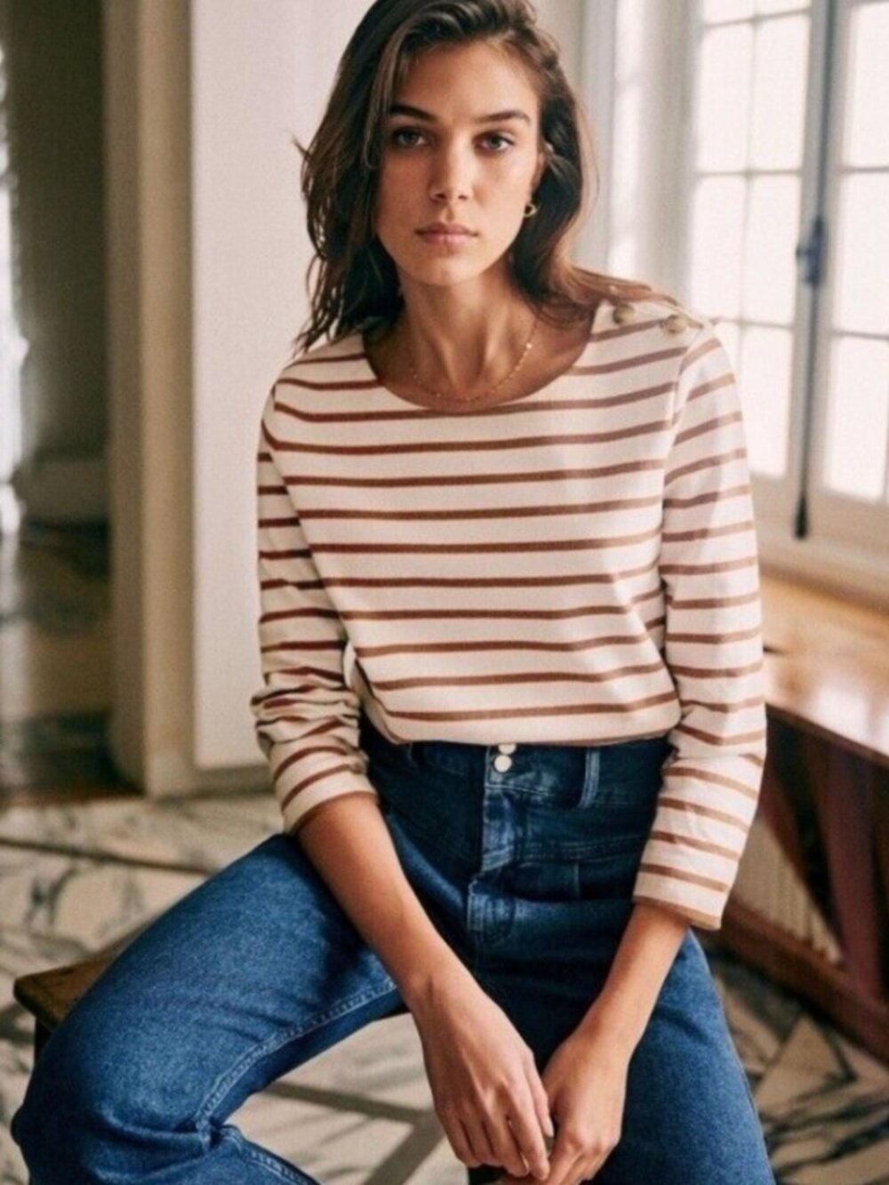 Sezane Colette Marinière - Ecru & Camel | Size XS